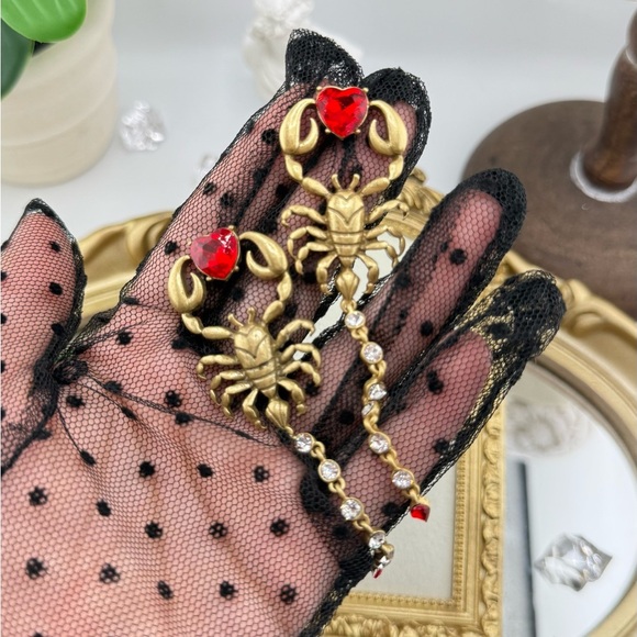 Gothic Scorpion Drop Earrings | Red Crystal Heart & Rhinestone Tail - Picture 8 of 12